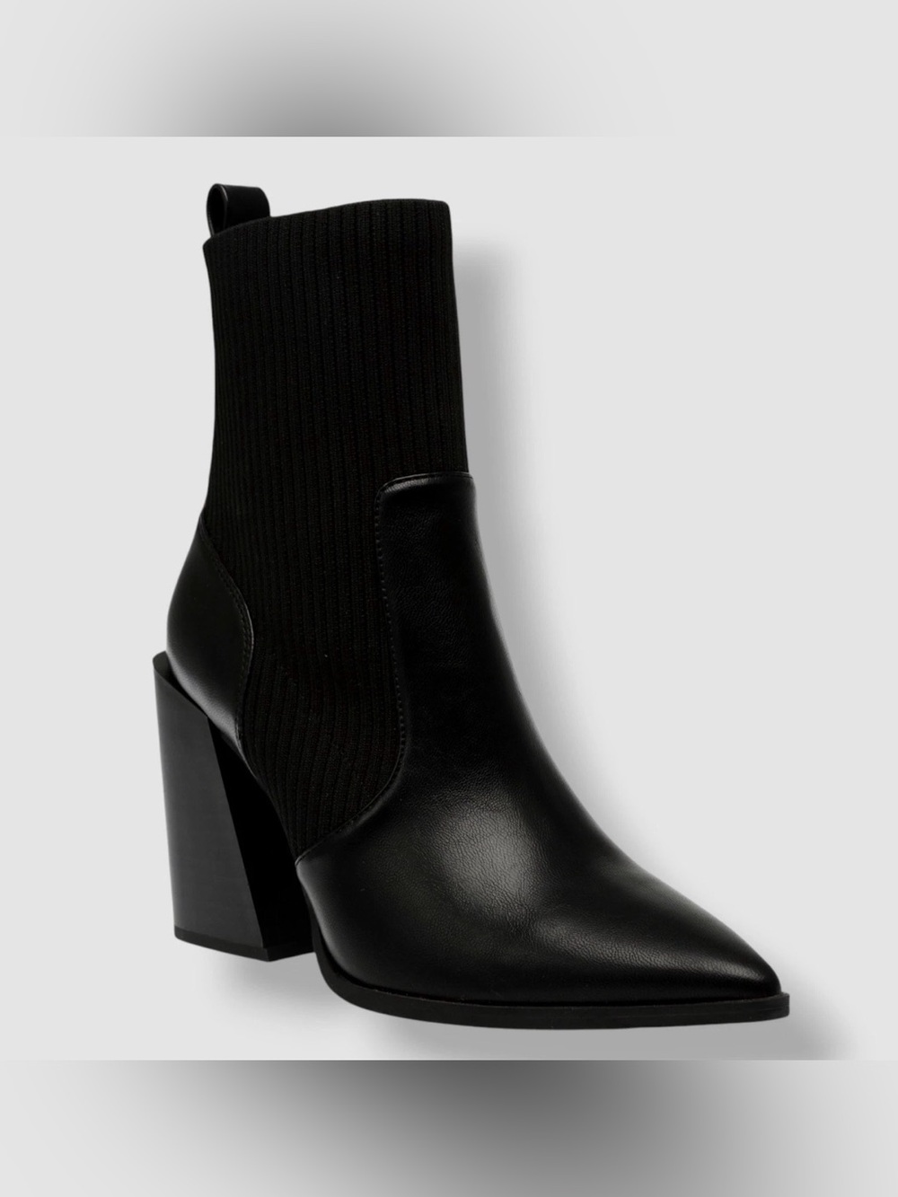 Wild Pair Black Pointed-Toe Stretch-Knit Block Heel Ankle Boot